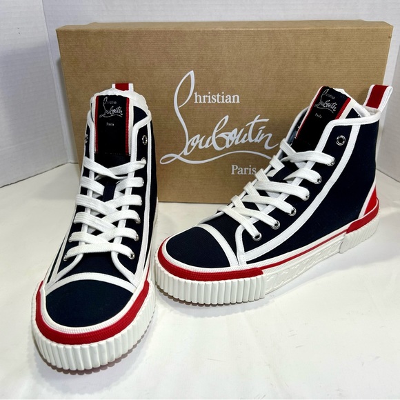 NEW 2024! CHRISTIAN LOUBOUTIN PEDRO FLAT HIGHTOP SNEAKERS MARINE RED WHITE 44 - Picture 5 of 15